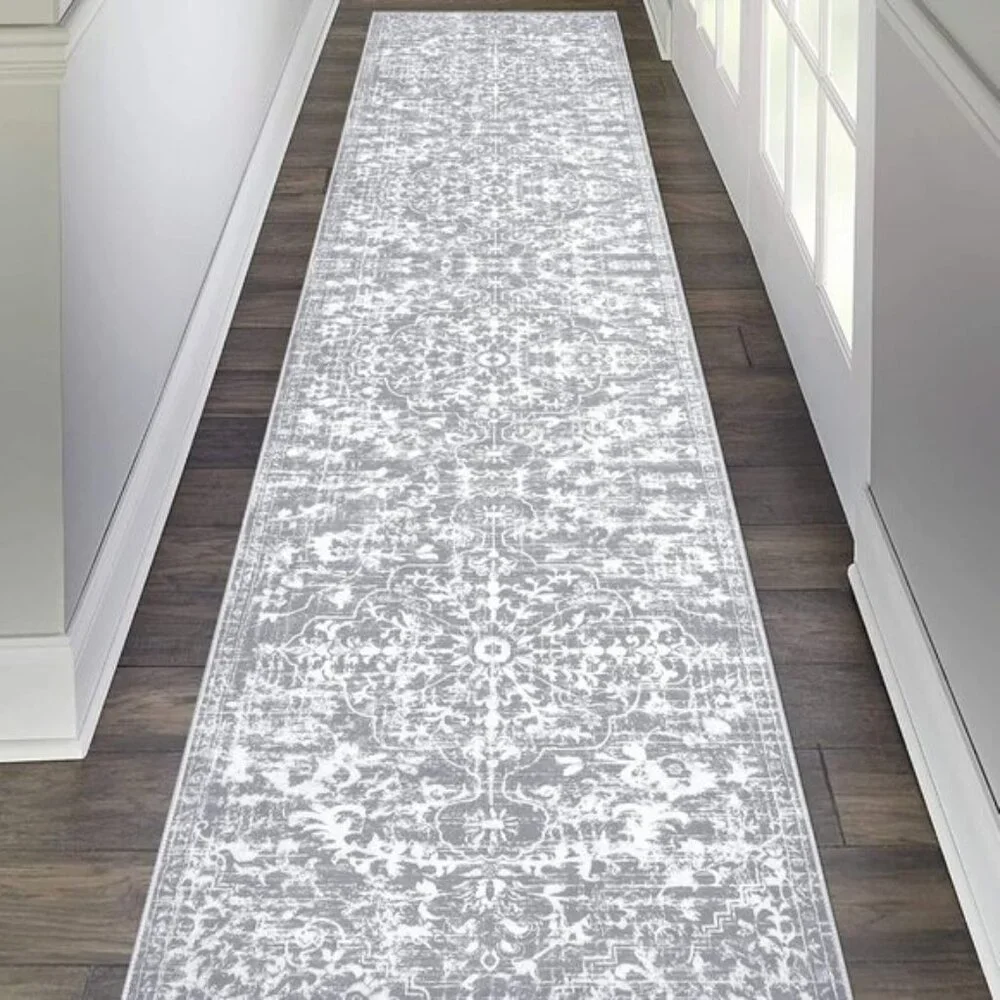 2x10 Grey White Runner Area Rug, Washable Non-Slip Vintage Carpet for Hallway